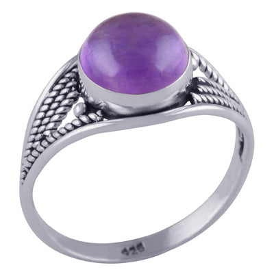 Stunning Textured Wire Work Around Amethyst Round Shape 925 Sterling Solid Silver Ring - R3401428-1