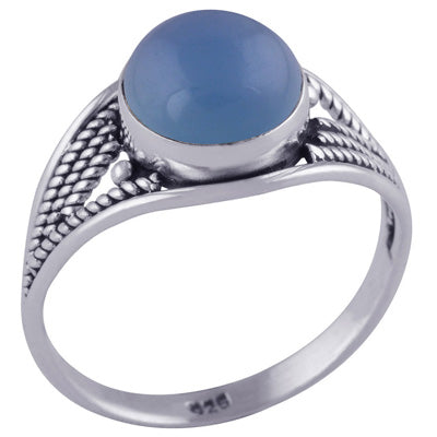 Stunning Textured Wire Work Around Blue Chalcedony Round Shape 925 Sterling Solid Silver Ring - R3401428-32
