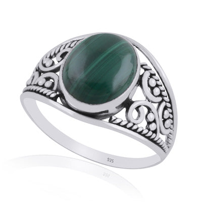 Gorgeous Hand Work on Shank Malachite Oval Shape 925 Sterling Solid Silver Ring - R3401443-24