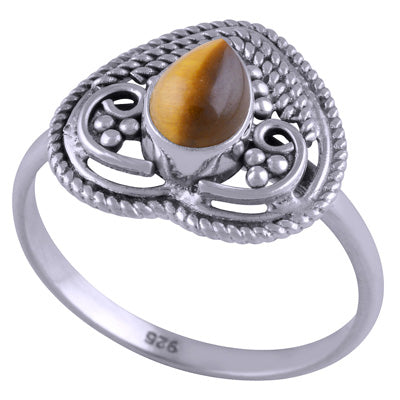 Gorgeous Rawa & Wire Work Tiger's Eye Pear Shape 925 Sterling Solid Silver Ring - R3401457-23