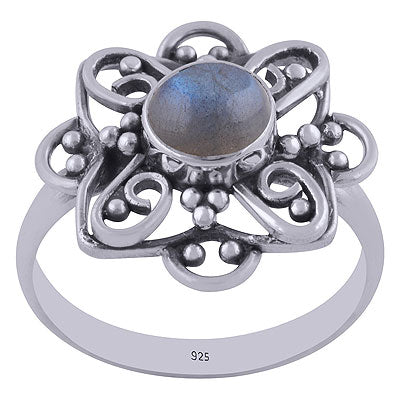 Alluring Handcrafted Flower Work Around Labradorite Round Shape 925 Sterling Solid Silver Ring - R3401458-44