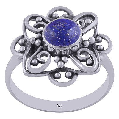 Alluring Handcrafted Flower Work Around Lapis Round Shape 925 Sterling Solid Silver Ring - R3401458-47