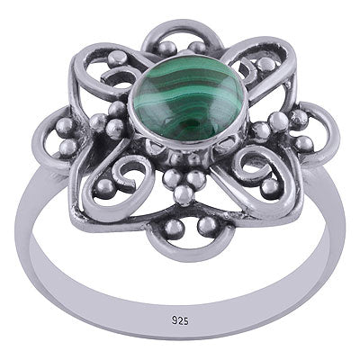 Alluring Handcrafted Flower Work Around Malachite Round Shape 925 Sterling Solid Silver Ring - R3401458-59