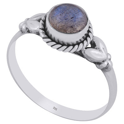 Stunning Embossed Leaf Work Around Labradorite Round Shape 925 Sterling Solid Silver Ring - R3401478-17