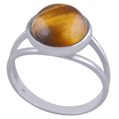 Classic Double Band Tiger's Eye Round Shape 925 Sterling Solid Silver Ring - R3401502-76