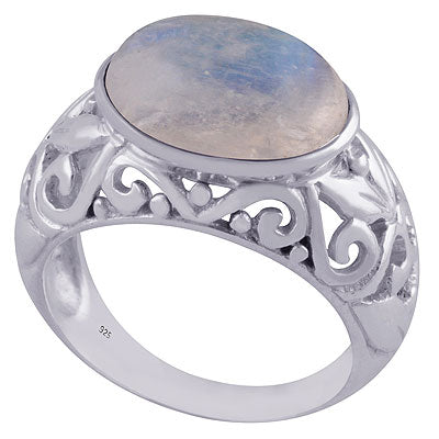 Alluring Handcrafted Work Around Rainbow Moonstone Oval Shape 925 Sterling Solid Silver Ring - R3401507-11