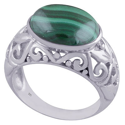 Alluring Handcrafted Work Around Malachite Oval Shape 925 Sterling Solid Silver Ring - R3401507-32