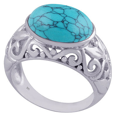Alluring Handcrafted Work Around Turquoise Oval Shape 925 Sterling Solid Silver Ring - R3401507-6