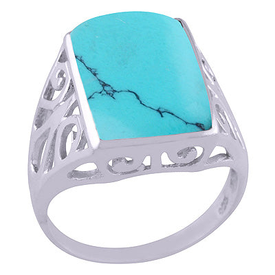 Alluring Handcrafted Work Around Turquoise Rectangle Shape 925 Sterling Solid Silver Ring - R3401533-6