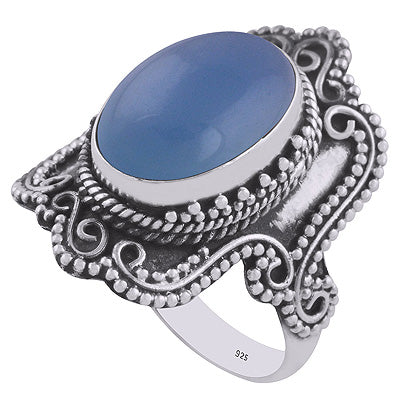 Authentic Handcrafted Work Around Blue Chalcedony Oval Shape 925 Sterling Solid Silver Ring - R3401566-78