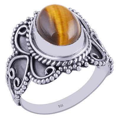 Authentic Fine Handwork Around Tiger's Eye Oval Shape 925 Sterling Solid Silver Ring - R3401635-21
