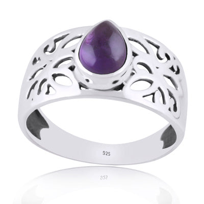 Beautiful Jali Cut Work Around Amethyst Pear Shape 925 Sterling Solid Silver Ring - R3401982-51