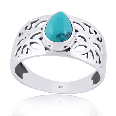 Beautiful Jali Cut Work Around Turquoise Pear Shape 925 Sterling Solid Silver Ring - R3401982-53