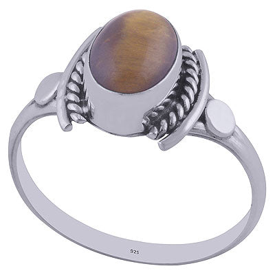 Oxidised Textured Wire Around Tiger's Eye Oval Shape 925 Sterling Solid Silver Ring - R3402020-44