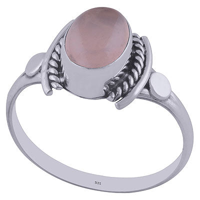 Oxidised Textured Wire Around Rose Quartz Oval Shape 925 Sterling Solid Silver Ring - R3402020-49
