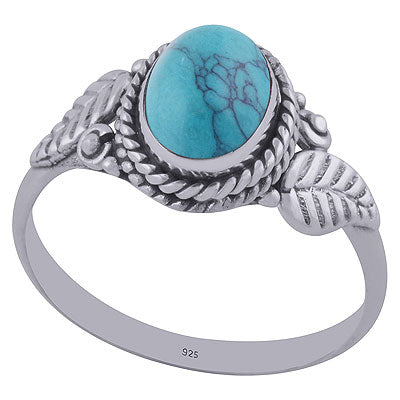 Stunning Twisted Handcrafted Leaf Around Turquoise Oval Shape 925 Sterling Solid Silver Ring - R3402028-11