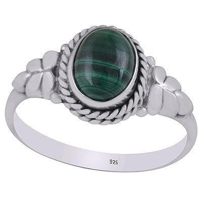 Stunning Textured Leaf Around Malachite Oval Shape 925 Sterling Solid Silver Ring - R3402156-82