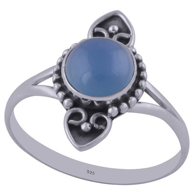 Stunning Oxidised Handcrafted Work Blue Chalcedony Round Shape 925 Sterling Solid Silver Ring - R3402171-57
