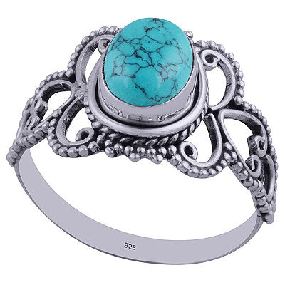 Alluring Rawa Work Pattern Around Turquoise Oval Shape 925 Sterling Solid Silver Ring - R3402274-9