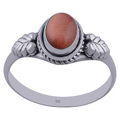 Stunning Textured Leaf work Around Golden Sun Stone Oval Shape 925 Sterling Solid Silver Ring - R3402281-39