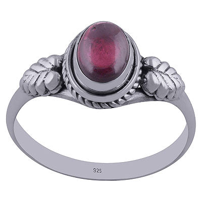 Stunning Textured Leaf work Around Garnet Oval Shape 925 Sterling Solid Silver Ring - R3402281-6