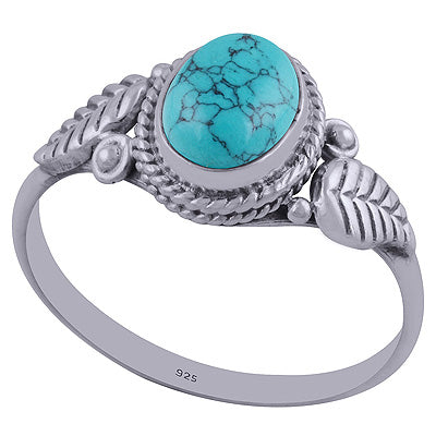 Beautiful Textured Leaf Around Turquoise Oval Shape 925 Sterling Solid Silver Ring - R3402344-8