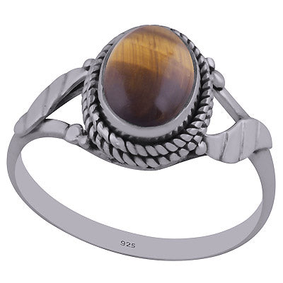 Beautiful leaves Around Tiger's Eye Oval Shape 925 Sterling Solid Silver Ring - R3402426-43