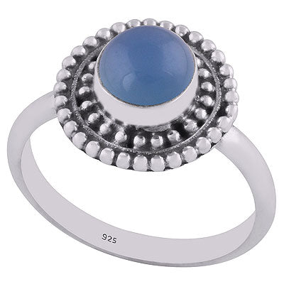 Stunning Rawa Work Pattern Around Blue Chalcedony Round Shape 925 Sterling Solid Silver Ring - R3402522-33