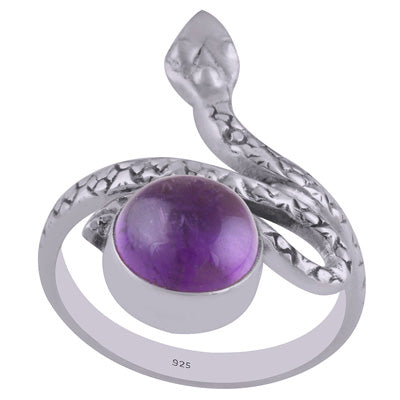 Beautiful Textured Snake Shank Amethyst Round Shape 925 Sterling Solid Silver Ring - R3402602-1