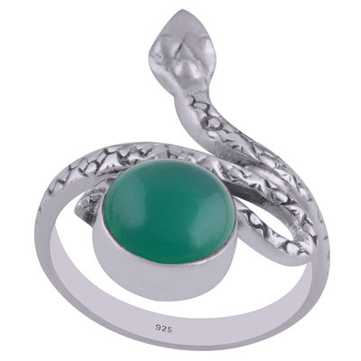 Beautiful Textured Snake Shank Green Onyx Round Shape 925 Sterling Solid Silver Ring - R3402602-17