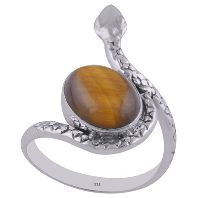Gorgeous Textured Snake Around Tiger's Eye Oval Shape 925 Sterling Solid Silver Ring - R3402603-17