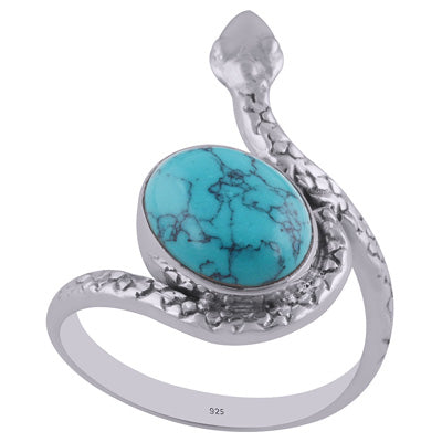 Gorgeous Textured Snake Around Turquoise Oval Shape 925 Sterling Solid Silver Ring - R3402603-5