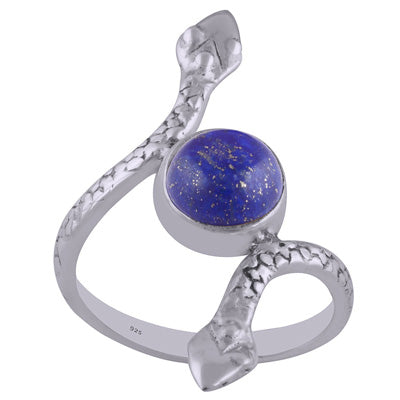 Gorgeous Snake Textured Shank Around Lapis Round Shape 925 Sterling Solid Silver Ring - R3402604-11