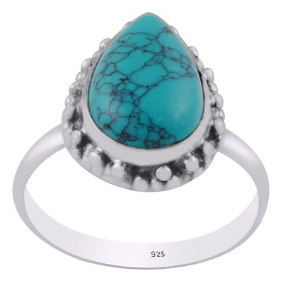 Alluring Rawa Work Pattern Around Turquoise Pear Shape 925 Sterling Solid Silver Ring - R3402616-23