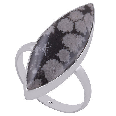 Gorgeous Elongated Gemstone Snowflake Obsidian Marquise Shape 925 Sterling Solid Silver Ring - R3402647-25
