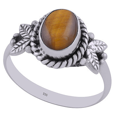 Beautiful Textured Leaf & Rawa Around Tiger's Eye Oval Shape 925 Sterling Solid Silver Ring - R3402656-60