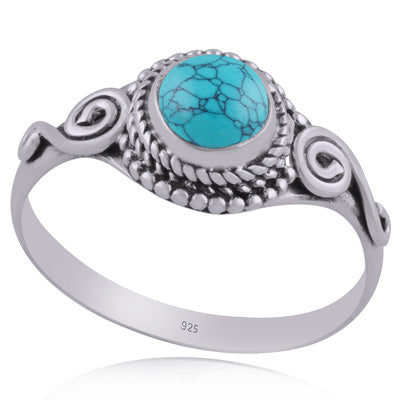 Beautiful Coil Work Around Turquoise Round Shape 925 Sterling Solid Silver Ring - R3402662-8