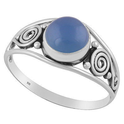 Gorgeous Rawa & Coil Work Around Blue Chalcedony Round Shape 925 Sterling Solid Silver Ring - R3402684-19