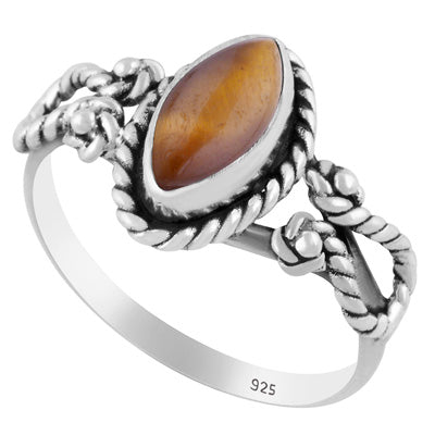 Stunning Textured Wire Around Tiger's Eye Marquise Shape 925 Sterling Solid Silver Ring - R3402764-61