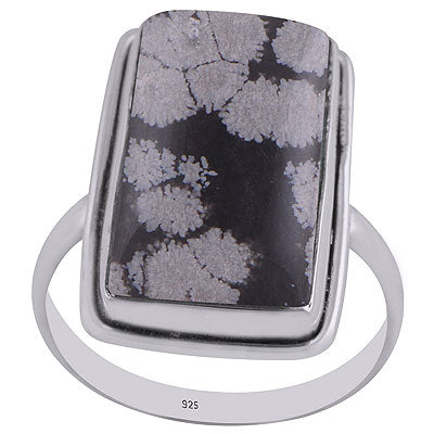 Gorgeous Plain Collet Snowflake Obsidian Rectangle Shape 925 Sterling Solid Silver Ring - R3402881-15