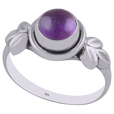 Beautiful Textured Leaf Around Amethyst Round Shape 925 Sterling Solid Silver Ring - R3402941-1