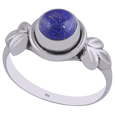 Beautiful Textured Leaf Around Lapis Round Shape 925 Sterling Solid Silver Ring - R3402941-6