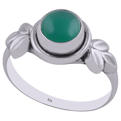 Beautiful Textured Leaf Around Green Onyx Round Shape 925 Sterling Solid Silver Ring - R3402941-8