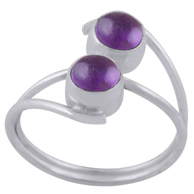 Stylish Two Stone Amethyst Round Shape 925 Sterling Solid Silver Ring - R3402958-51
