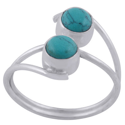 Stylish Two Stone Turquoise Round Shape 925 Sterling Solid Silver Ring - R3402958-53