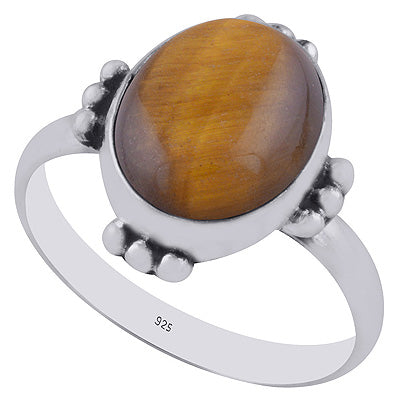 Minimal Rawa Work Around Tiger's Eye Oval Shape 925 Sterling Solid Silver Ring - R3402978-10