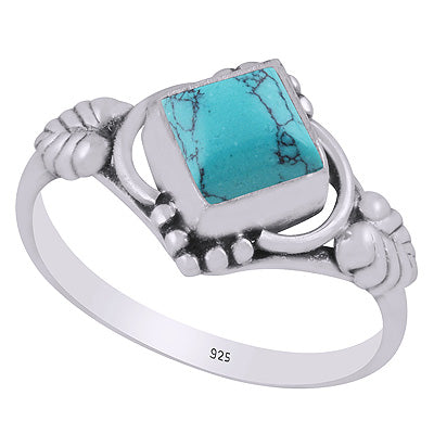 Stunning Handcrafted Work Around Turquoise Rhombus Shape 925 Sterling Solid Silver Ring - R3403002-53