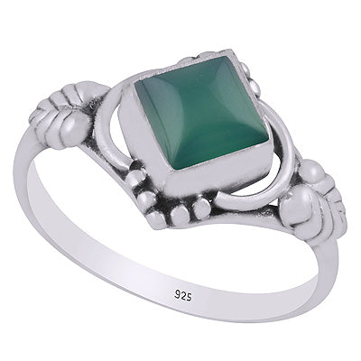 Stunning Handcrafted Work Around Green Onyx Rhombus Shape 925 Sterling Solid Silver Ring - R3403002-58