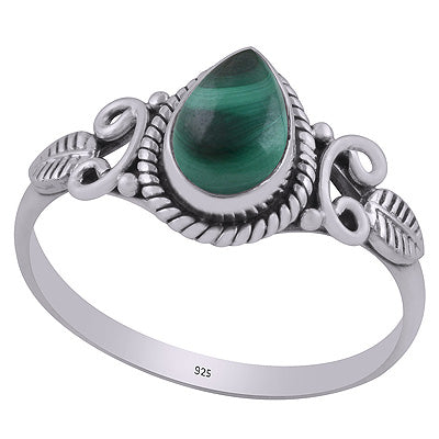 Gorgeous Textured leaf & Twisted Wire Work Around Malachite Pear Shape 925 Sterling Solid Silver Ring - R3403033-8
