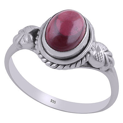 Gorgeous Textured Leaf Around Garnet Oval Shape 925 Sterling Solid Silver Ring - R3403041-2